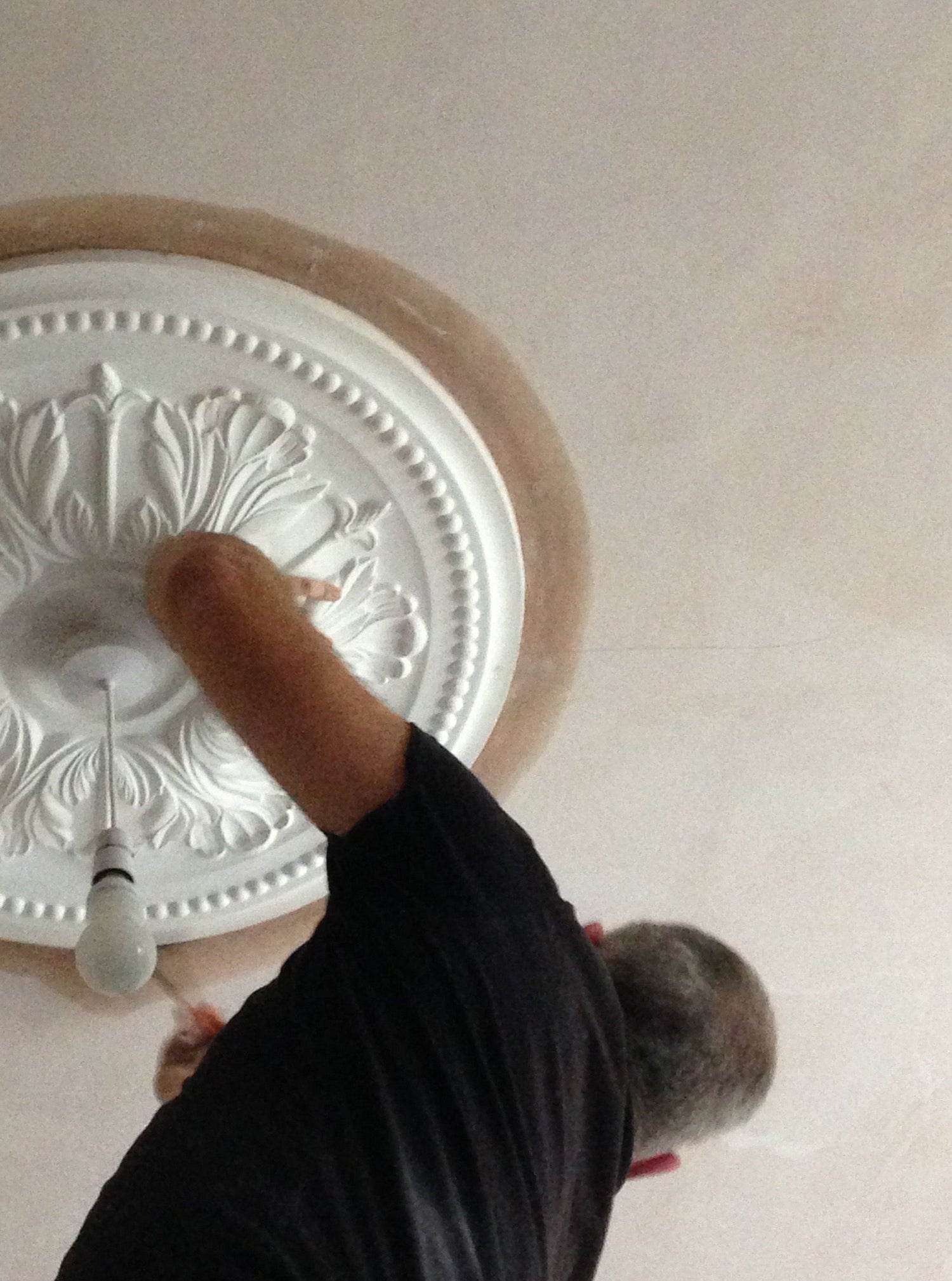 Experienced fitter installing plaster coving and ceiling roses