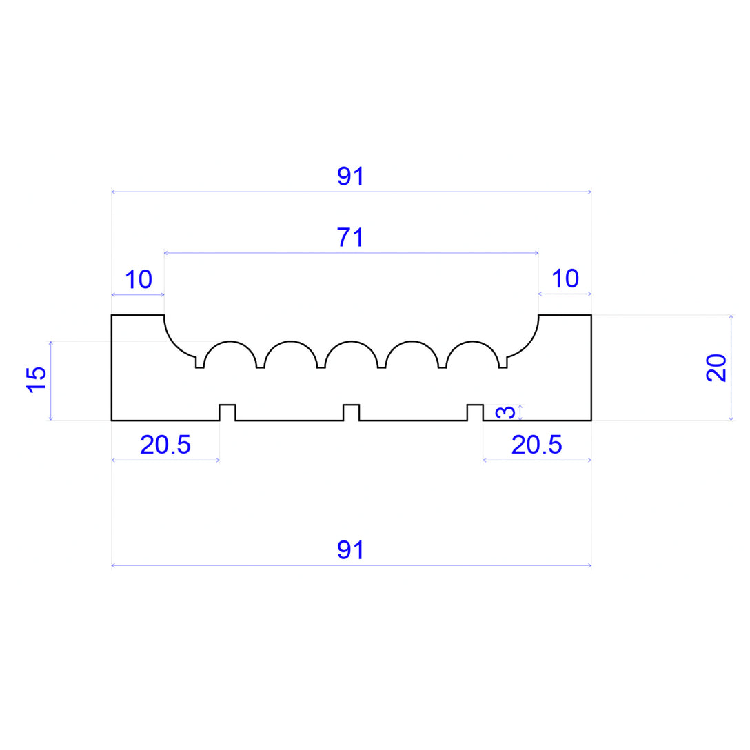 technical image showing measurements of fluted Timber Architrave 91mm x 20mm