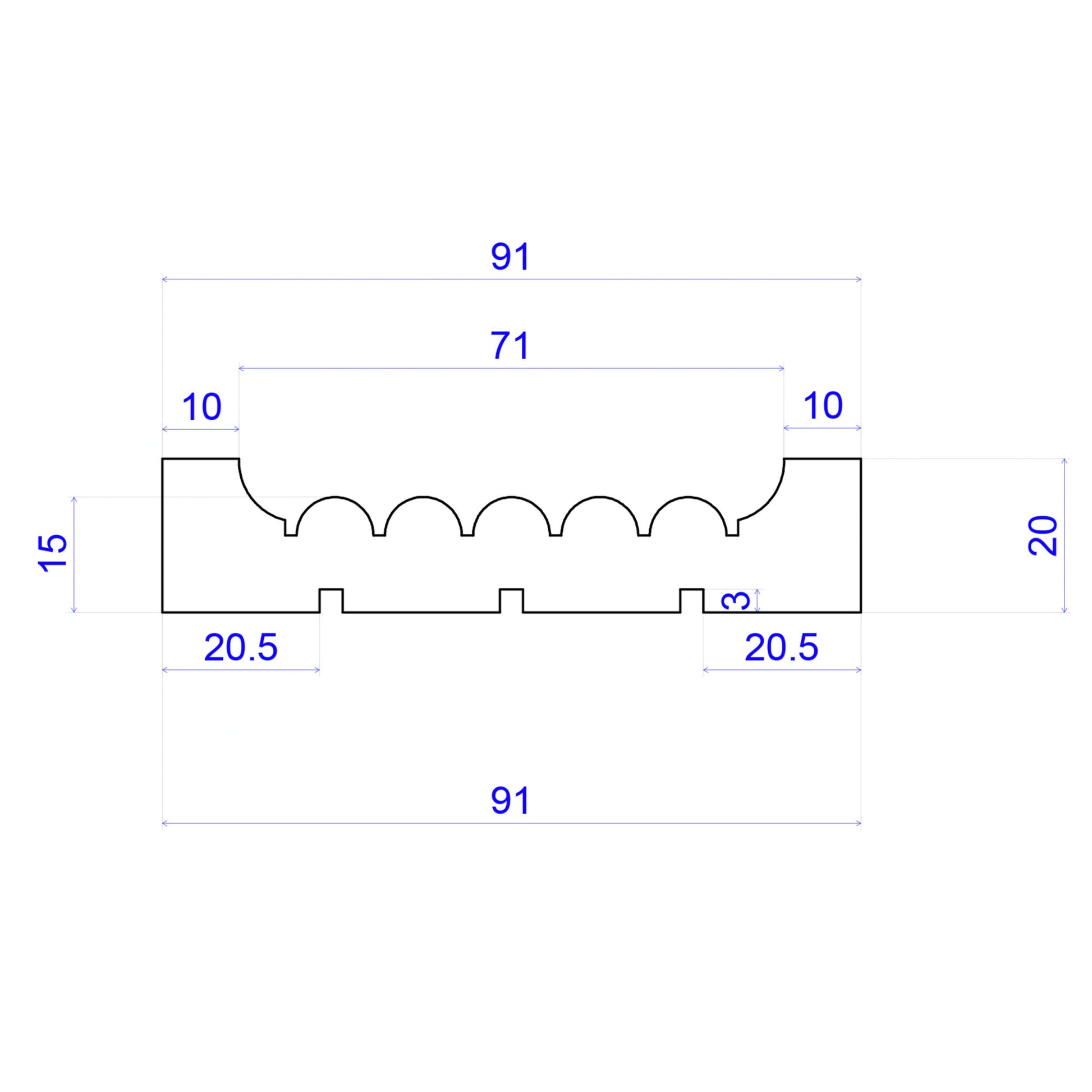 technical image showing measurements of fluted Timber Architrave 91mm x 20mm