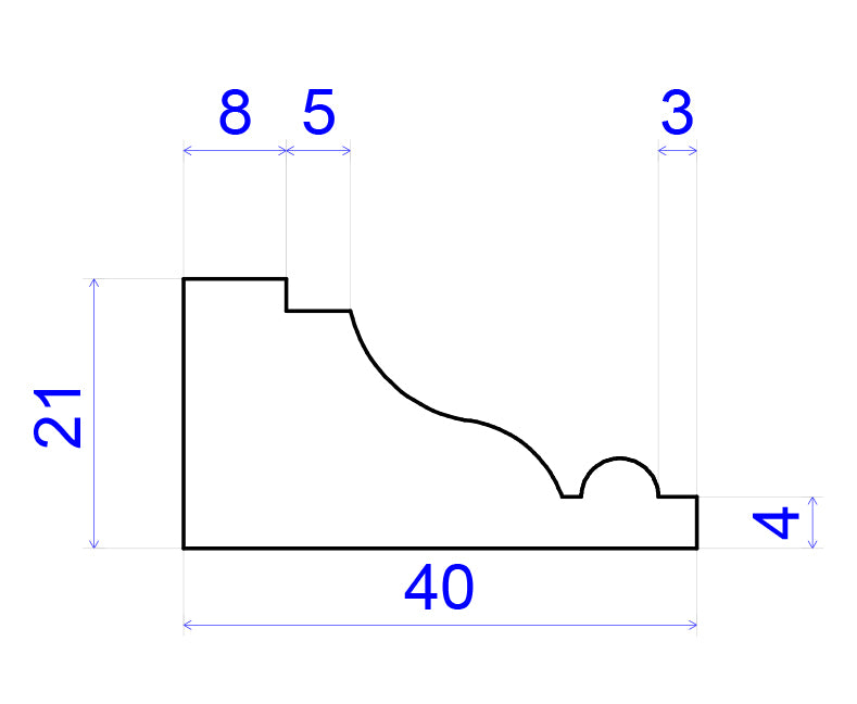 technical image showing Victorian Timber Panel Mould measurements 40mm x 21mm