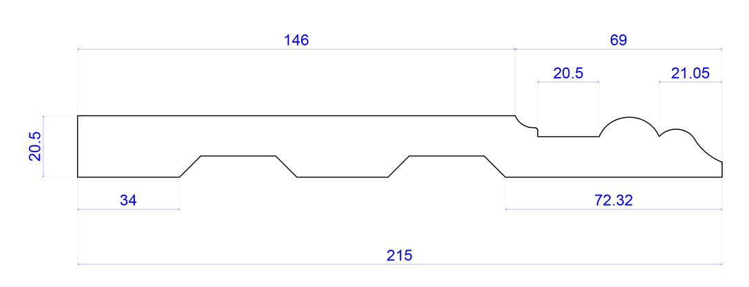 technical image showing Nine Inch timber Skirting Board measurements 215mm x 21mm 