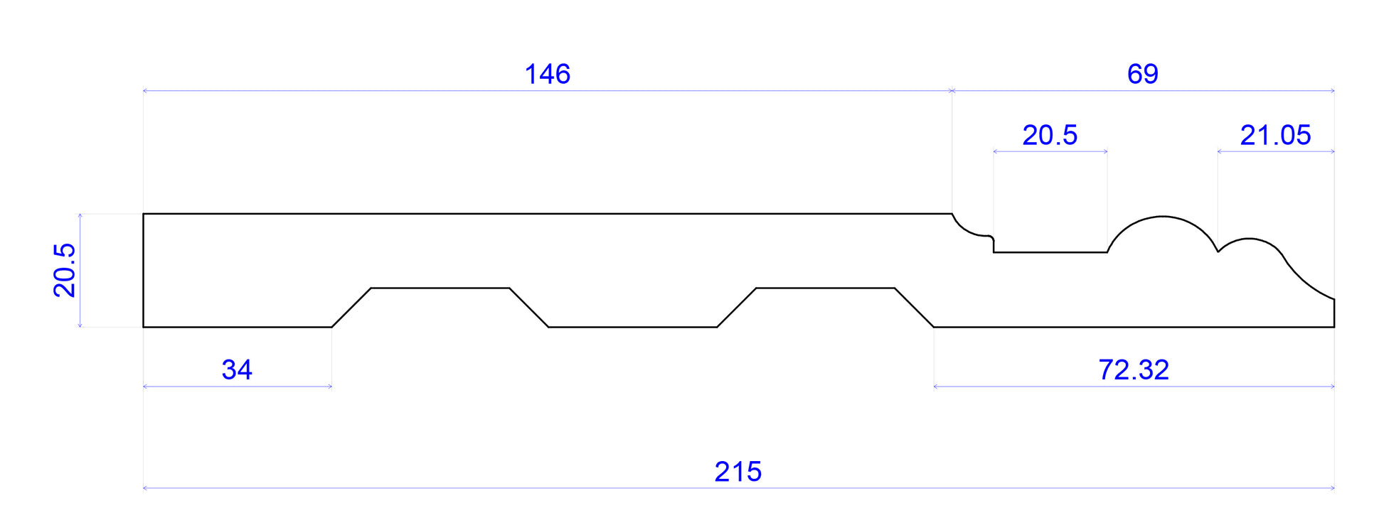 technical image showing Nine Inch timber Skirting Board measurements 215mm x 21mm