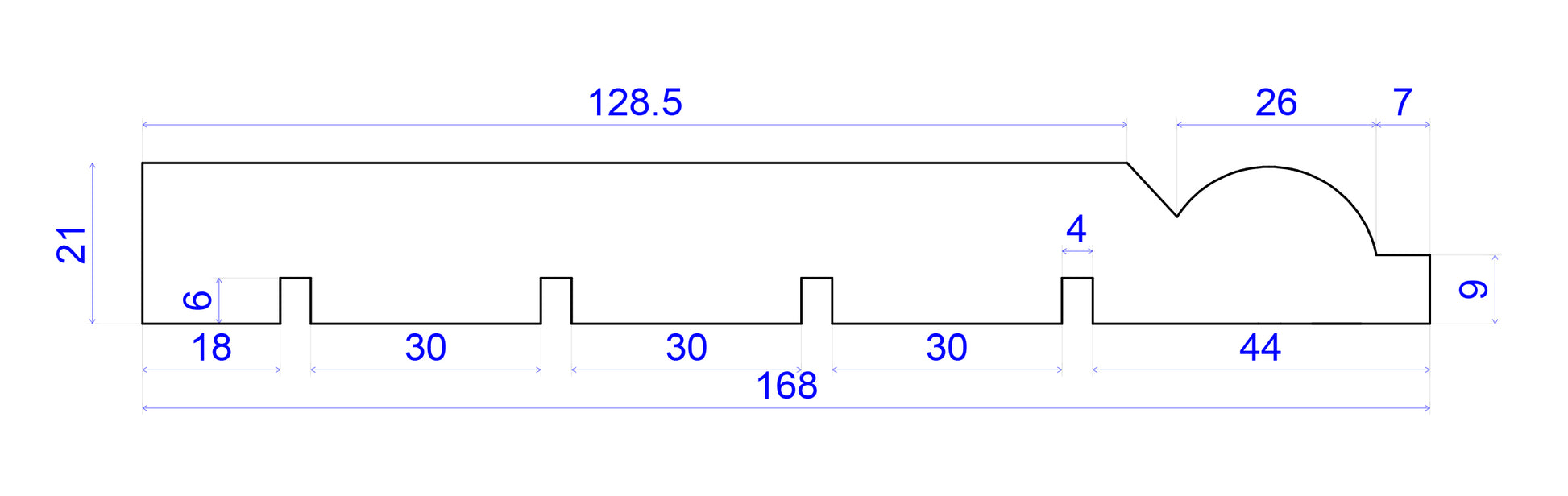 technical image showing measurements of 6 1/2 inch Torus Timber Skirting Board 168mm x 21mm