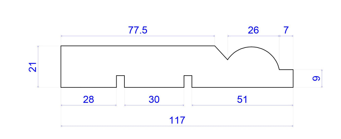 technical image showing measurements of Antique Victorian Skirting Board 117mm x 21mm