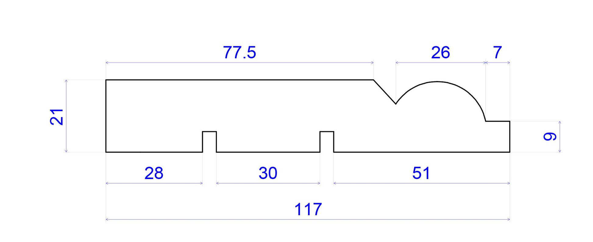technical image showing measurements of Antique Victorian Skirting Board 117mm x 21mm