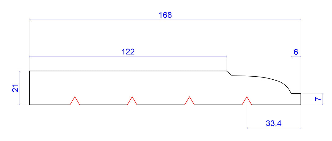 technical image of Classic Victorian Timber Skirting Board with measurements - 168mm x 21mm