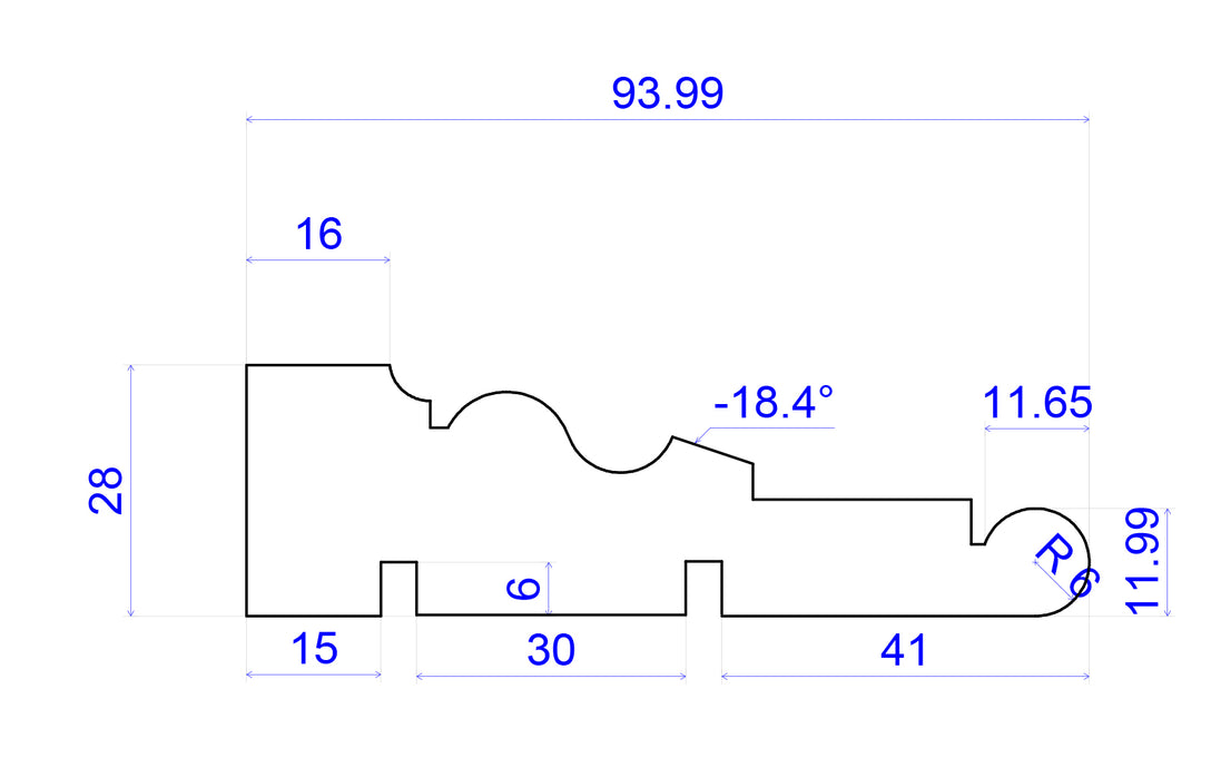 technical image showing Timber Architrave measurements 94mm x 28mm