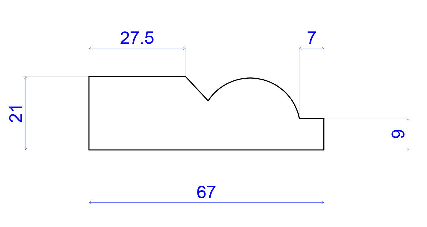 technical image showing measurements of Torus Timber Architrave 67mm x 21mm