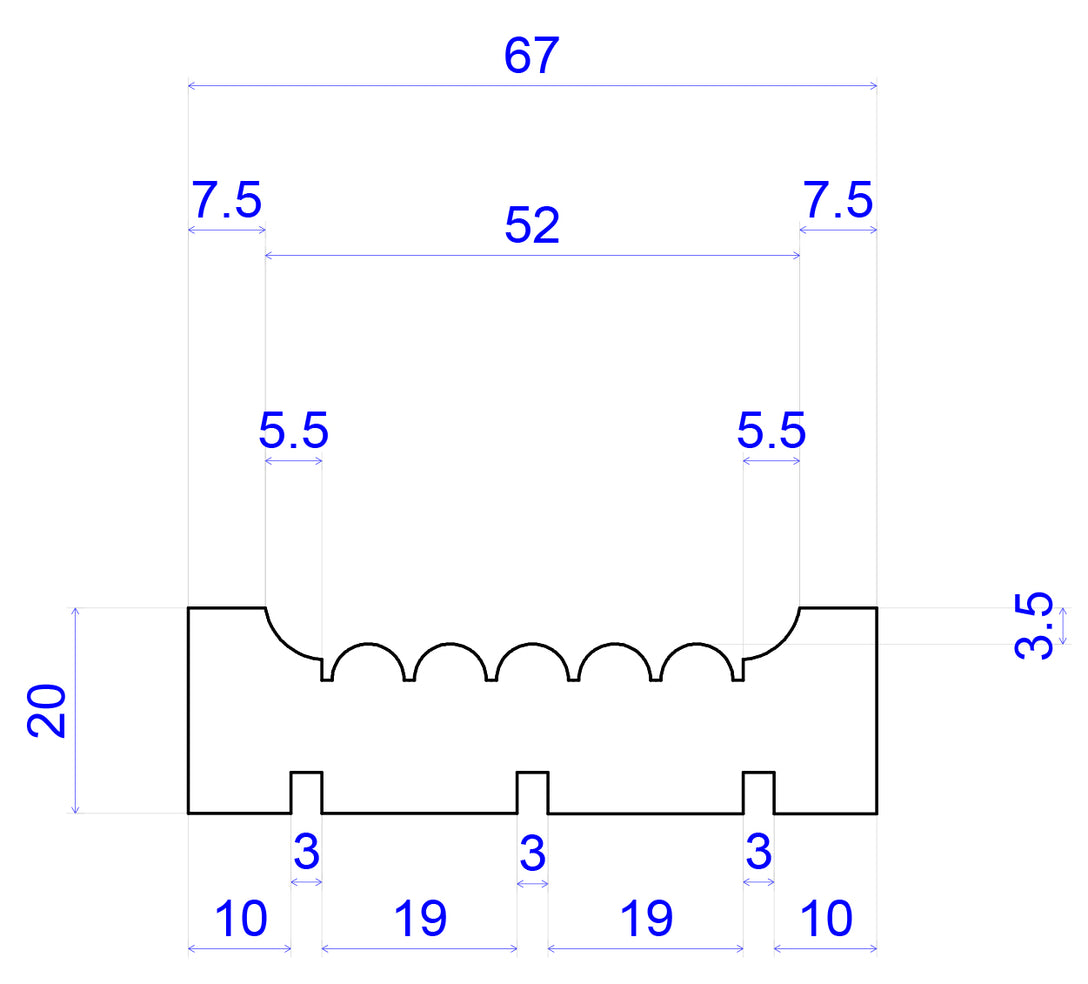 technical image showing measurements of reeded pine Timber Architrave 67mm x 20mm