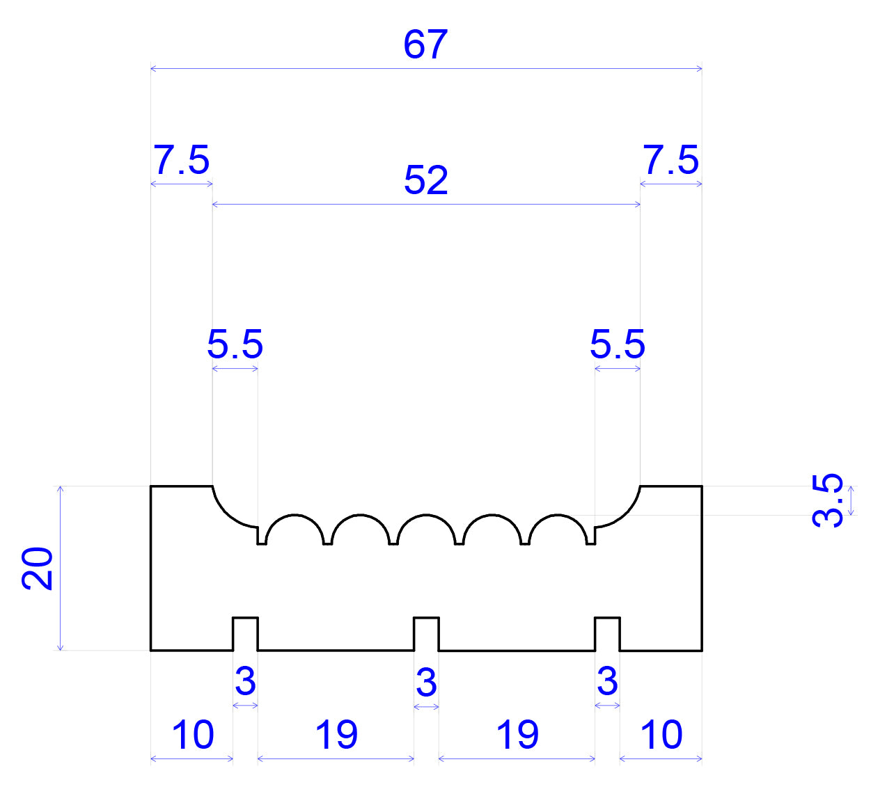 technical image showing measurements of reeded pine Timber Architrave 67mm x 20mm