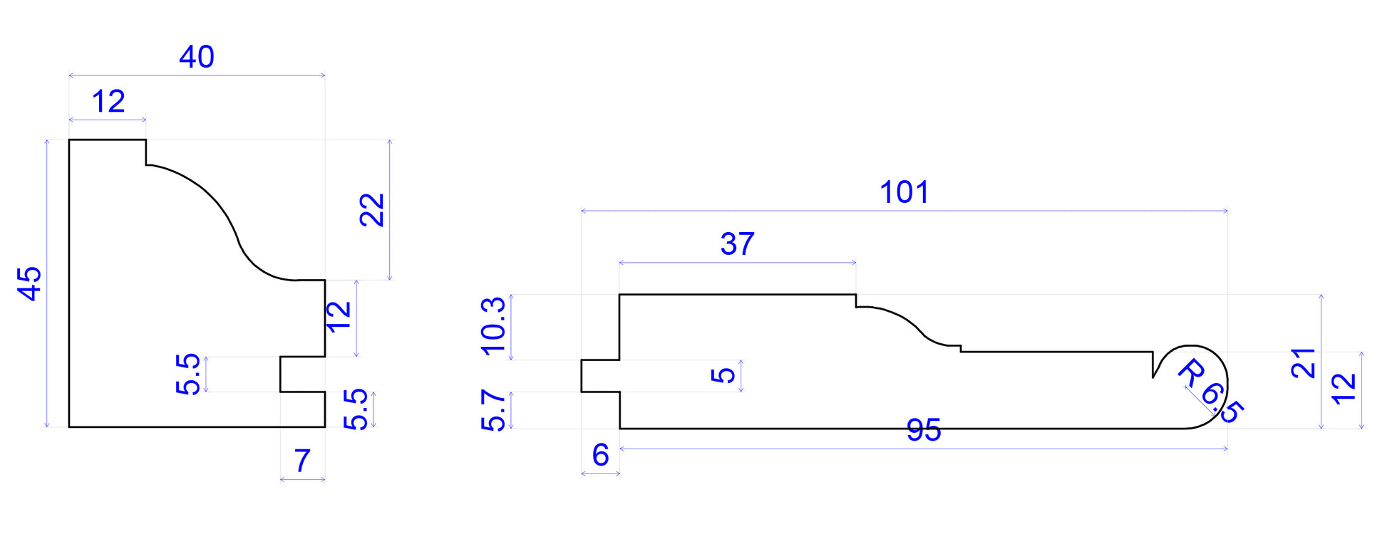 technical image showing Large Victorian Architrave measurements 135mm x 45mm