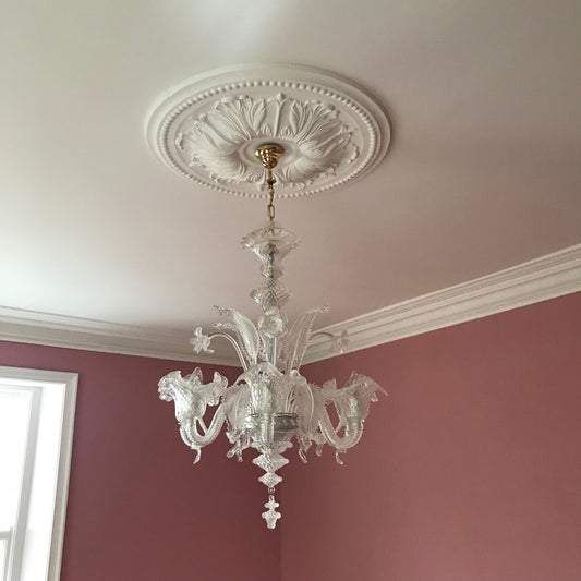 Ornate Floral Plaster Ceiling Rose in pink room