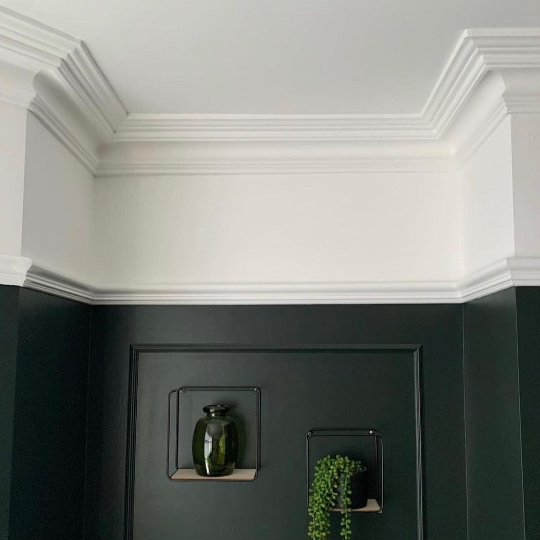 swan neck plaster cornice shown in green room with wall panelling