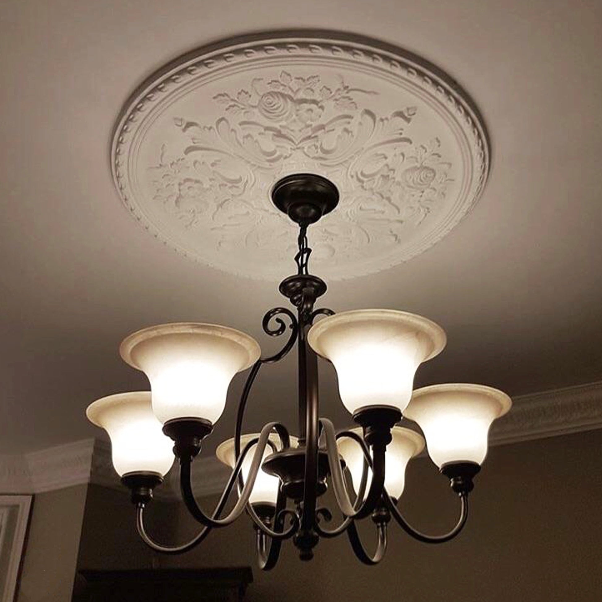 Wild Rose Plaster Ceiling Rose with warm toned lighting