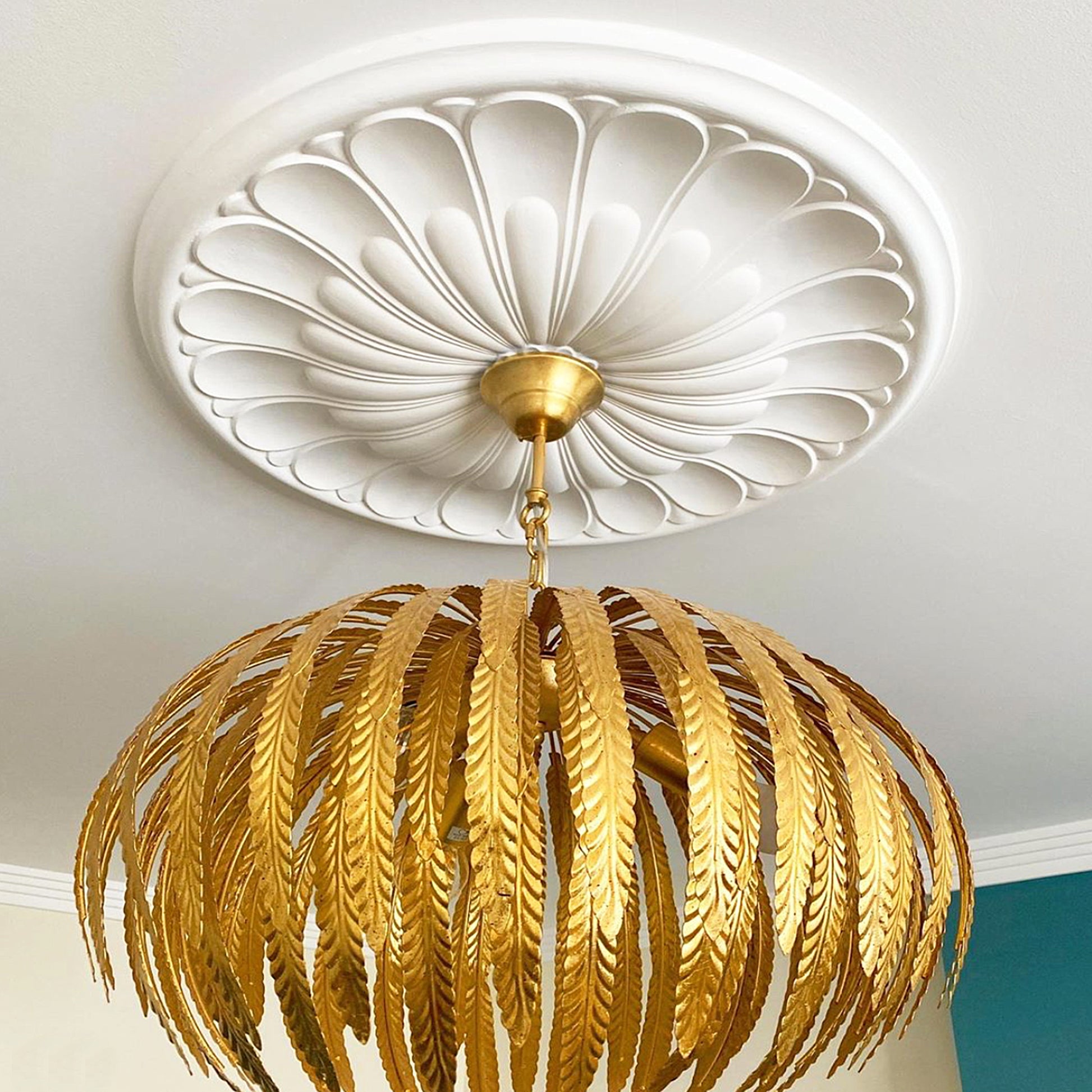 Art Deco Floral Plaster Ceiling Rose shown with chandelier 680mm dia.