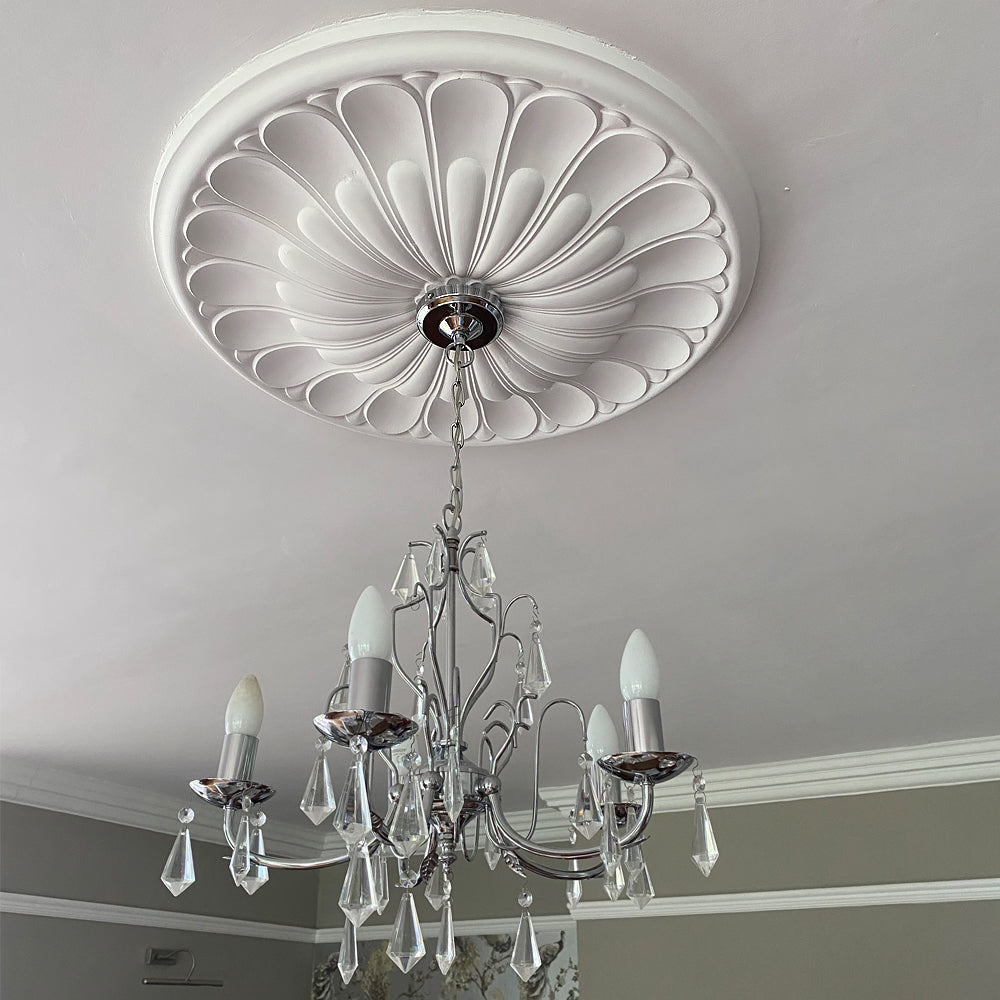 example of art deco floral plaster ceiling rose shown in bright room