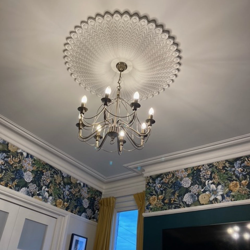 example of Large Ornate Georgian Plaster Ceiling Rose fitted in floral walled room - 930mm