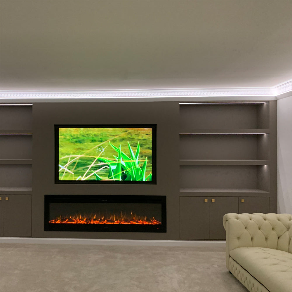 Greek Key cornice above living room shelving