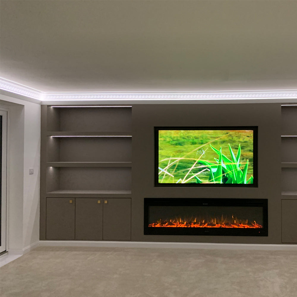 Greek Key cornice in well-lit living room