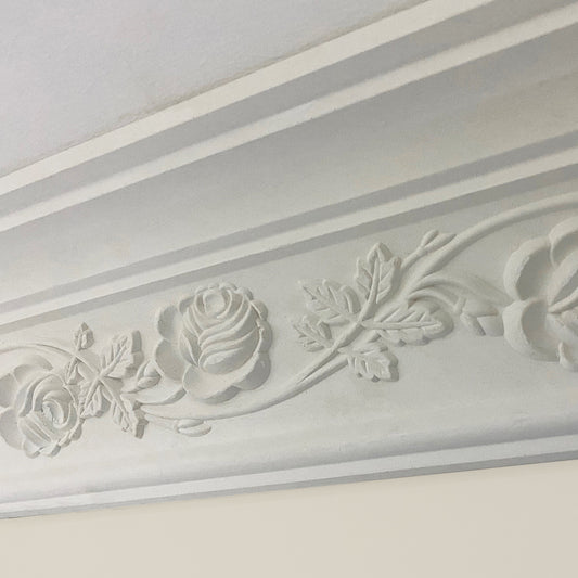 close up photo of wild rose Plaster Coving - 120mm Drop