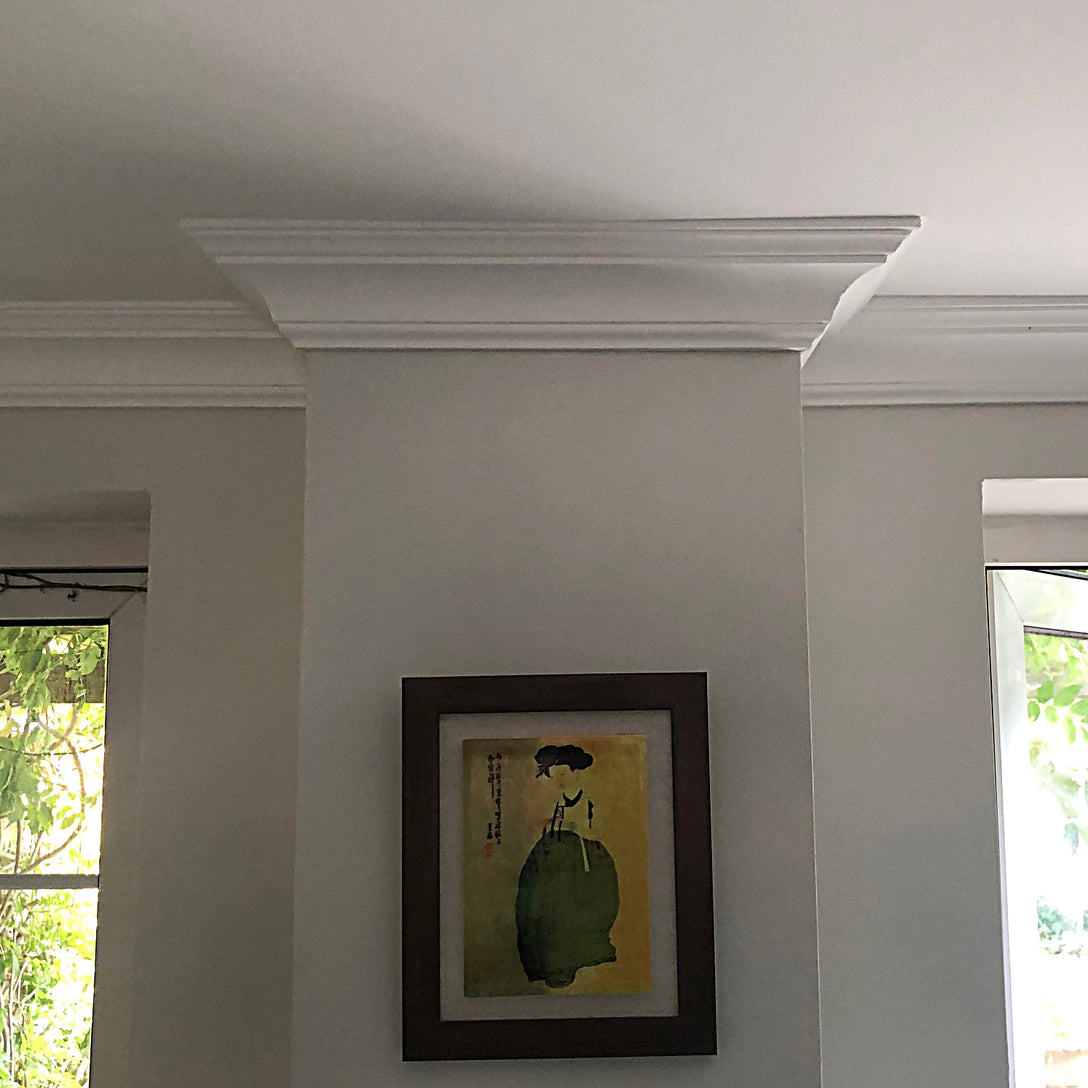 Plaster Coving Classic shown fitted in nice home above art 90mm Drop