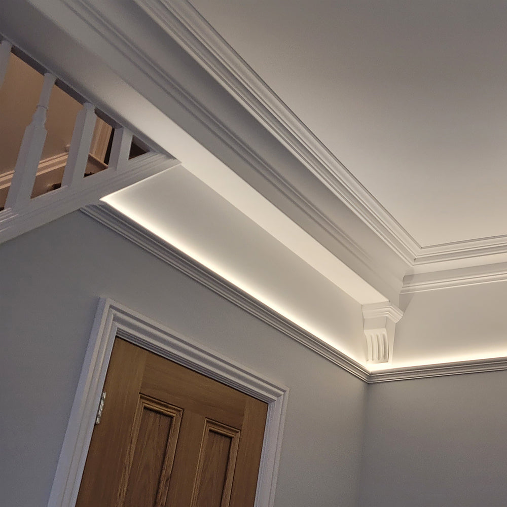 swan neck plaster coving shown in hallway, illuminated with LED's