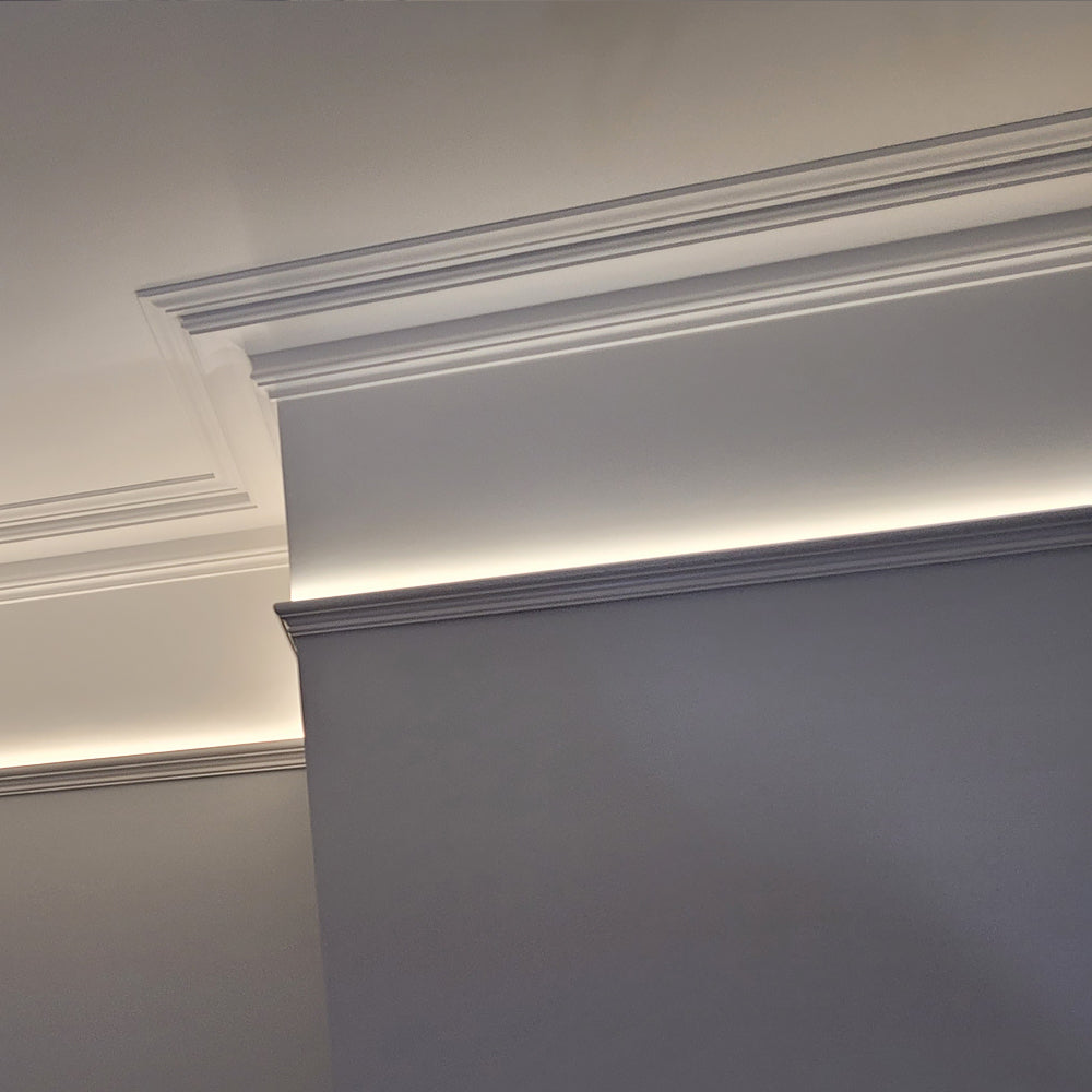 swan neck plaster coving shown with led picture rails - 100mm