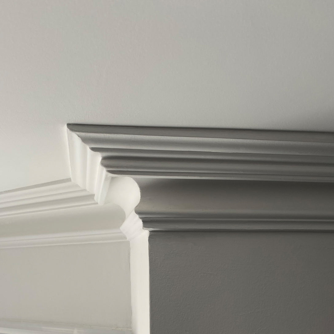 close up photo showing swan neck Plaster Coving section 100mm 