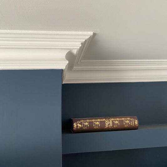 100mm Swan Neck Plaster Coving shown against blue wall