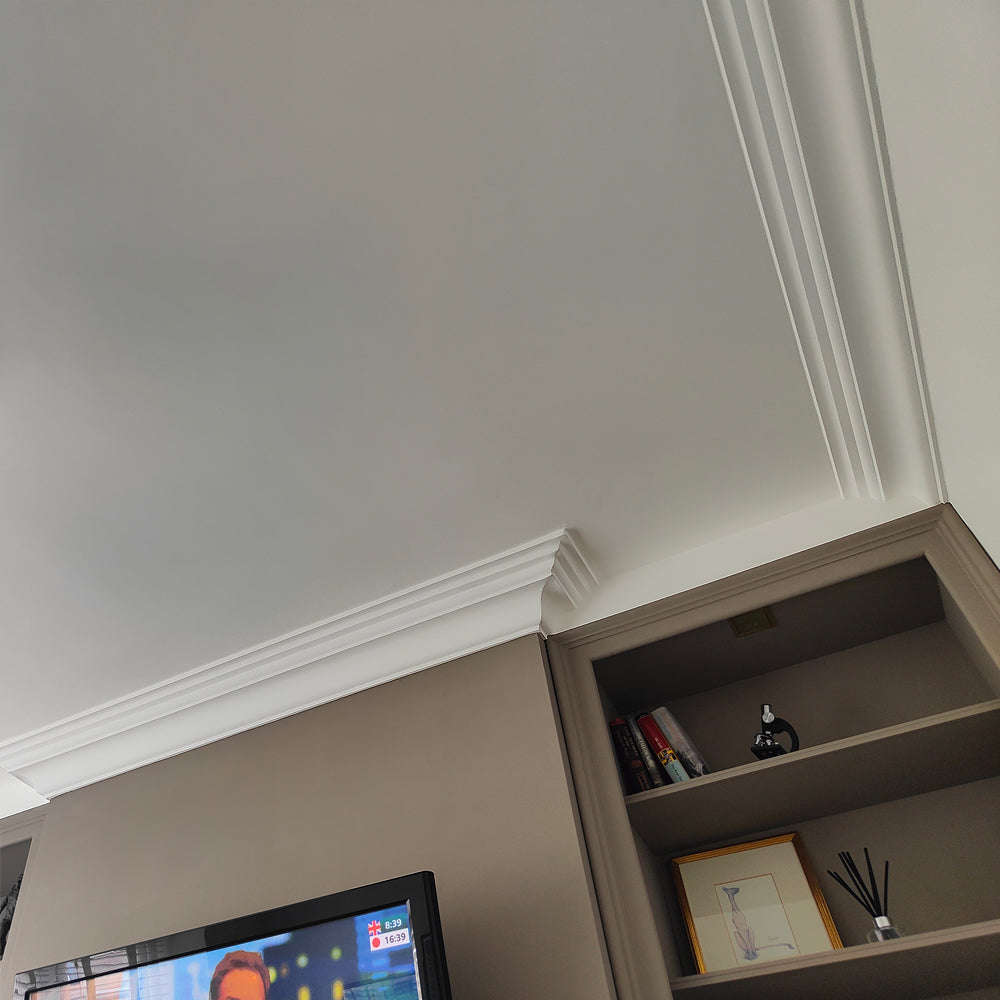 Large Dental Plaster Cornice shown in a living room - Drop 120mm Projection 260mm