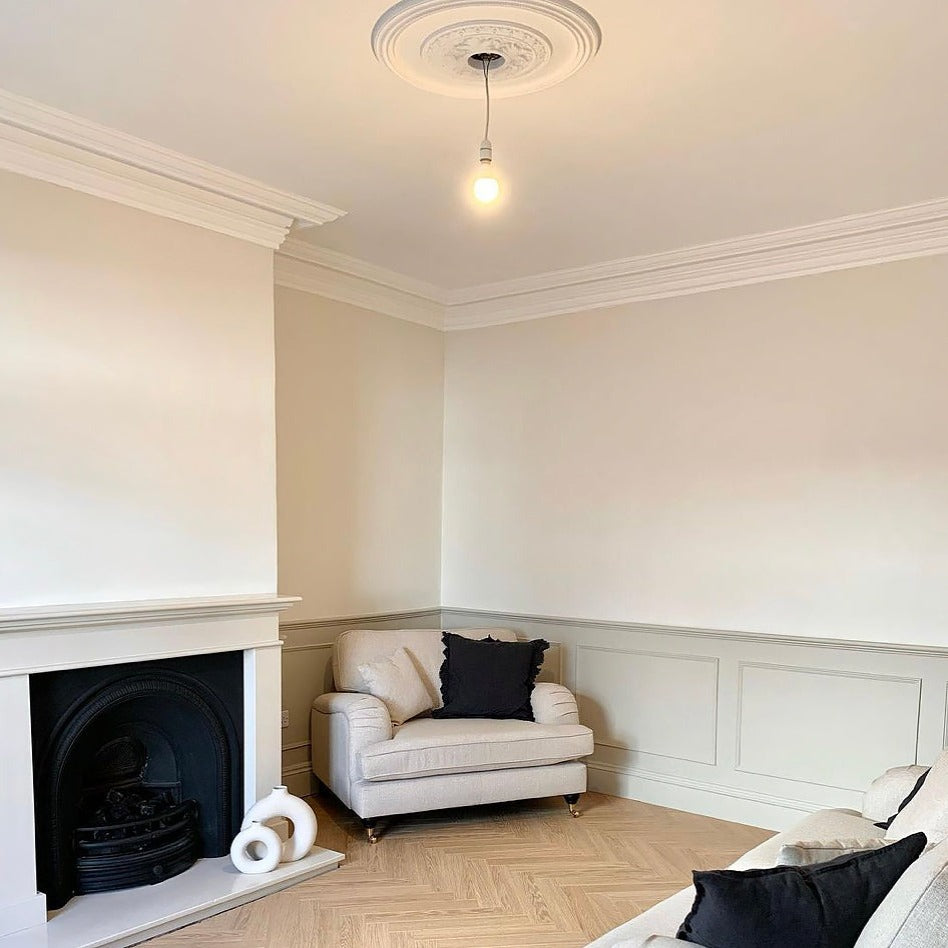 Plaster Ceiling Rose Plain Acanthus in living room setting