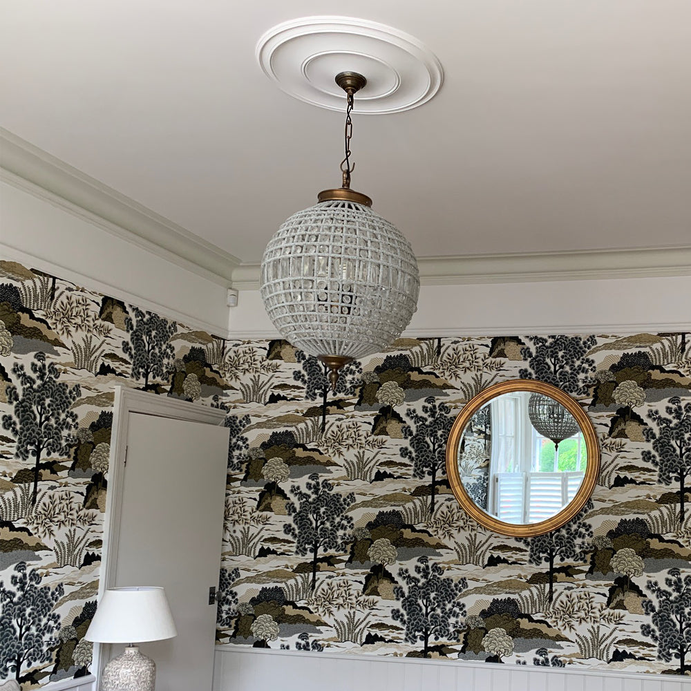 Plain Spun Plaster Ceiling Rose alongside feature wallpaper