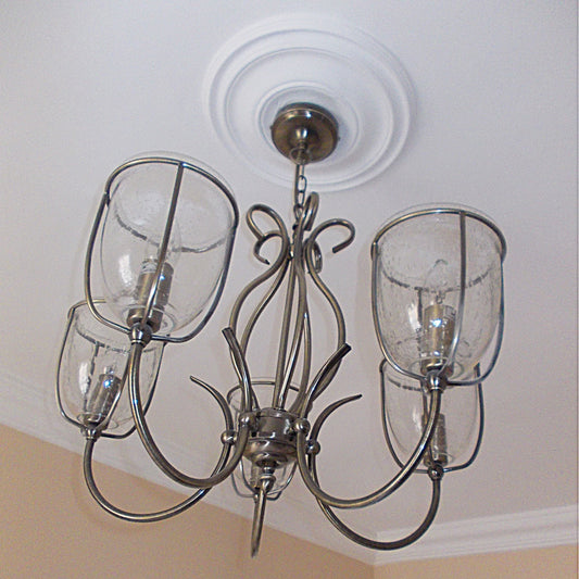 Plain Spun Plaster Ceiling Rose shown with chandelier 320MM