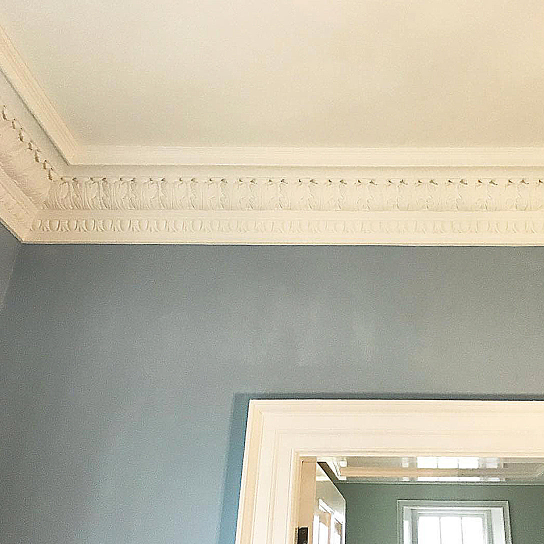 Plaster Coving Victorian shown in blue living room  235mm Drop