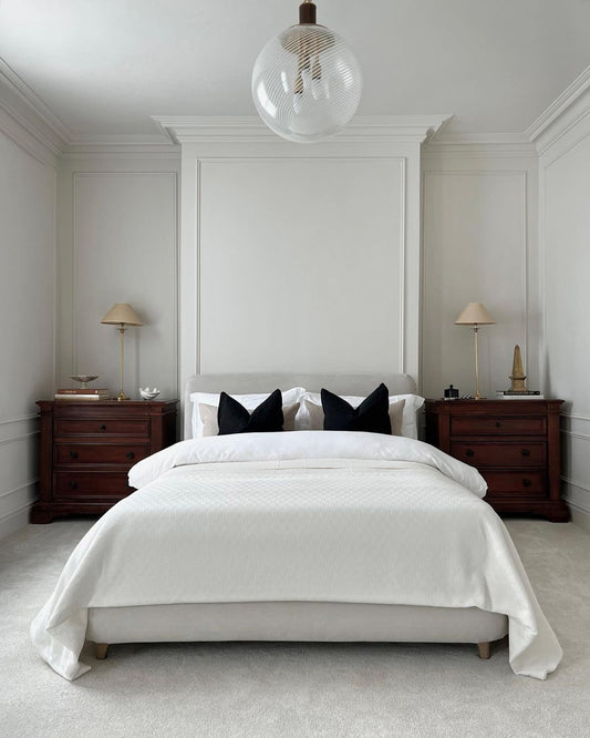 classy bedroom with swan neck plaster coving