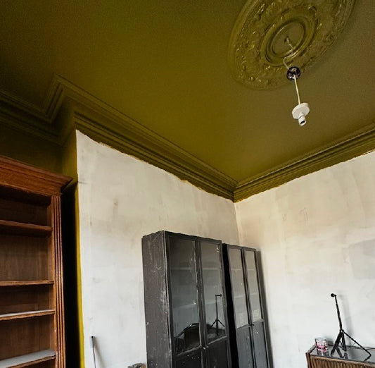green ornate plaster ceiling rose during installation 