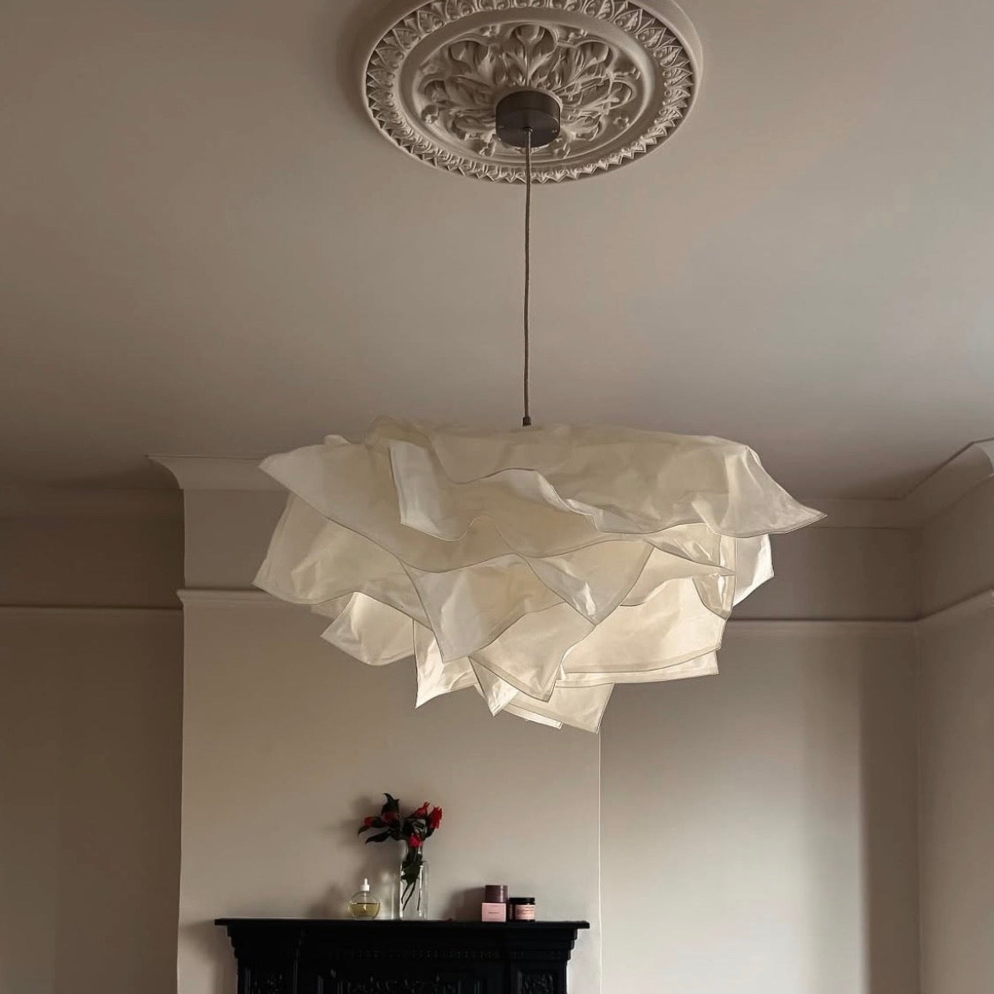 Ornate Victorian Plaster Ceiling Rose in Neutral Bedroom