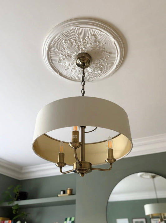 victorian plaster ceiling rose fitted in green living room 
