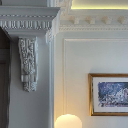 hallway with grand entrance hall coving and corbels 
