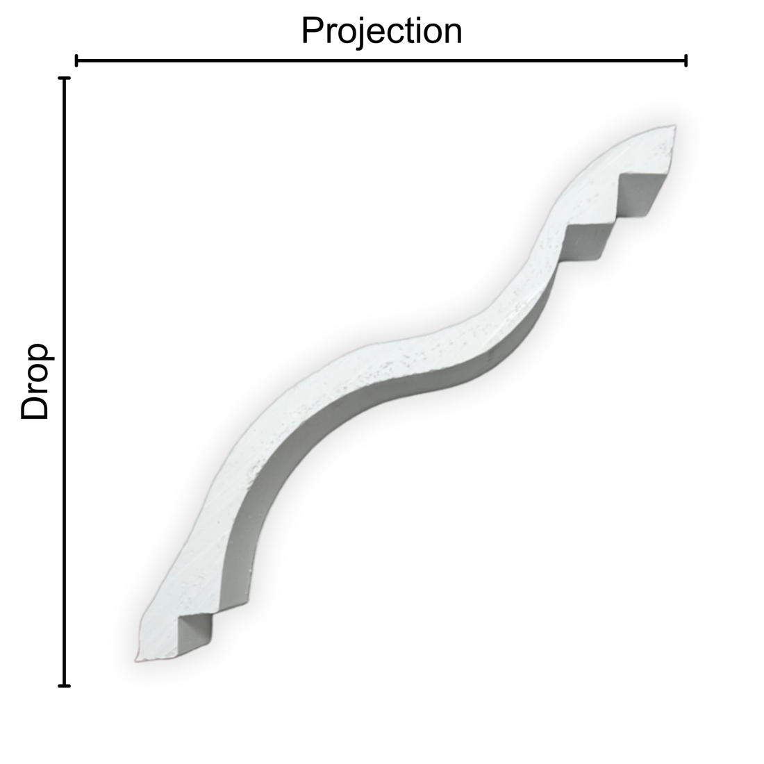 Technical diagram showing coving projection and drop: projection 150mm, drop 150mm
