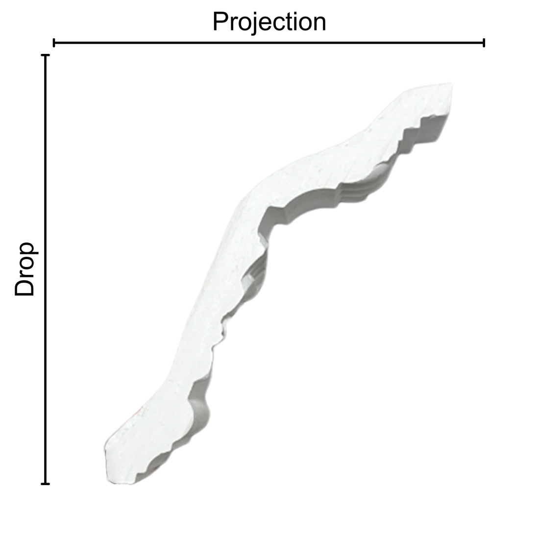 Technical diagram showing coving projection and drop: projection 85mm, drop 120mm