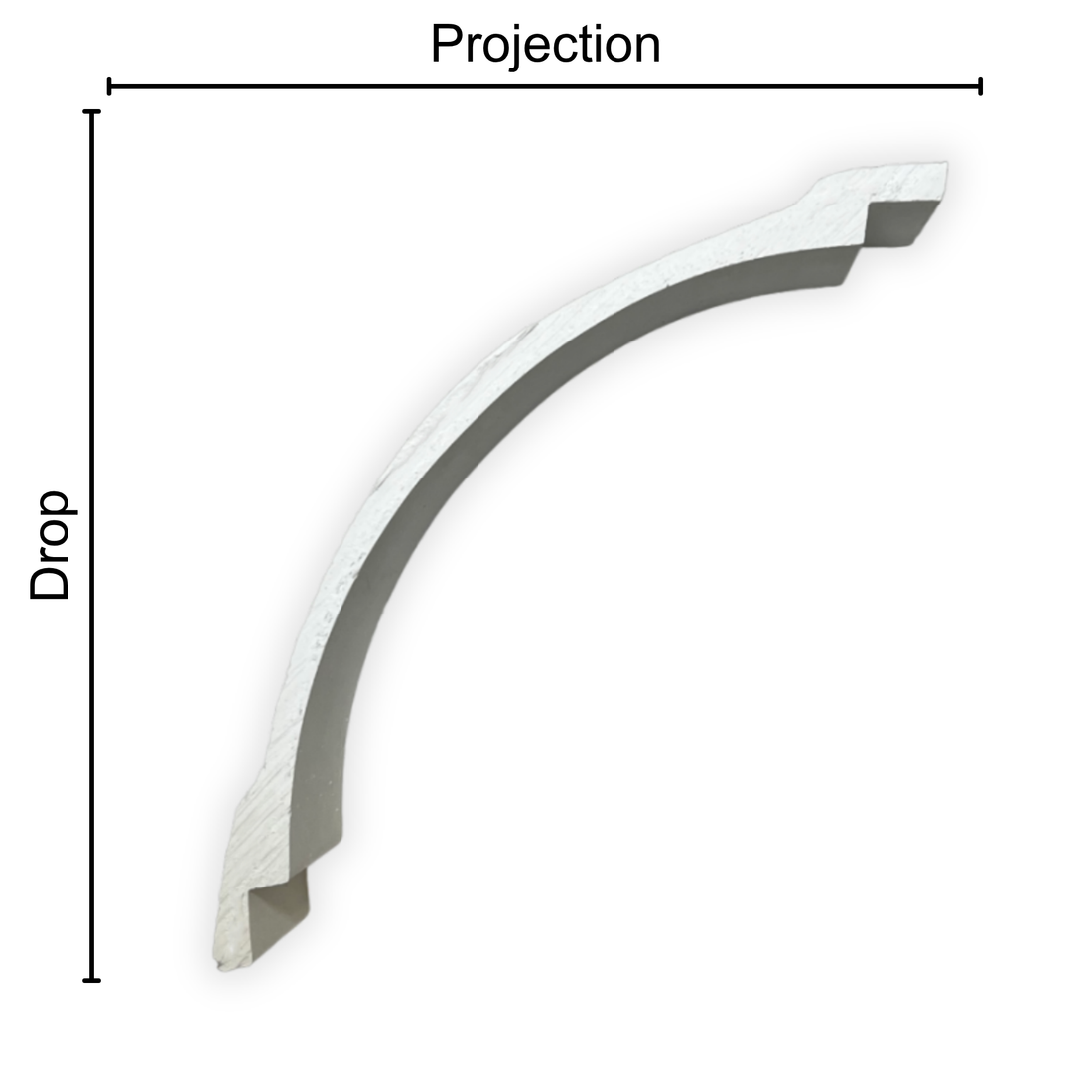 Technical diagram showing coving projection and drop: projection 150mm, drop 150mm