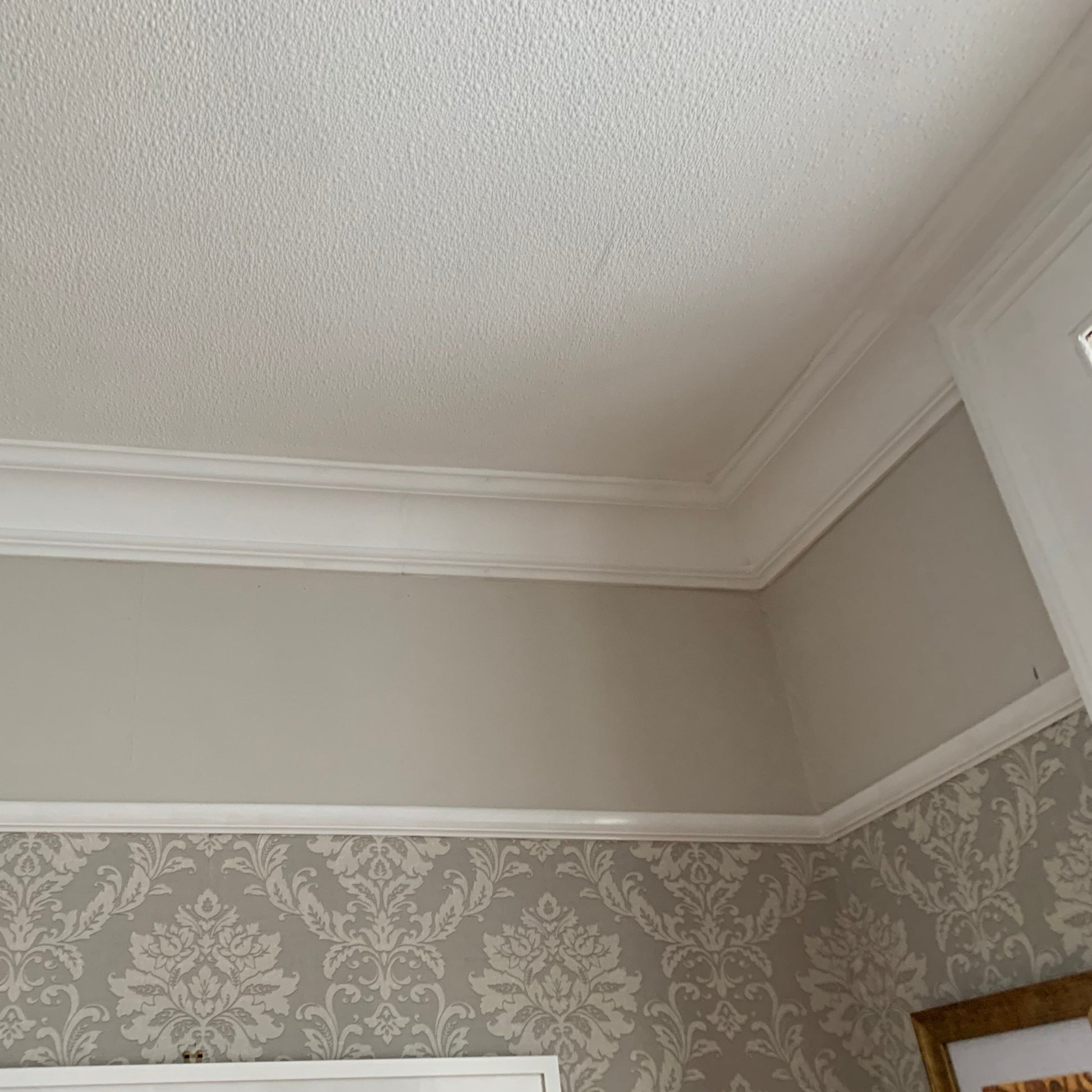 victorian plaster coving shown with floral wallpaper
