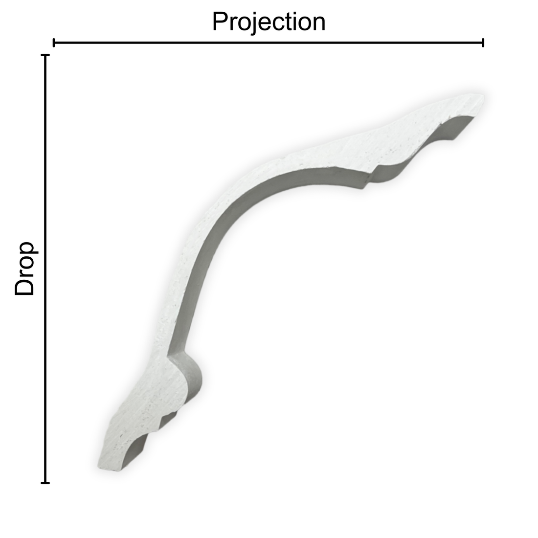 Technical diagram showing coving projection and drop: projection 135mm, drop 150mm