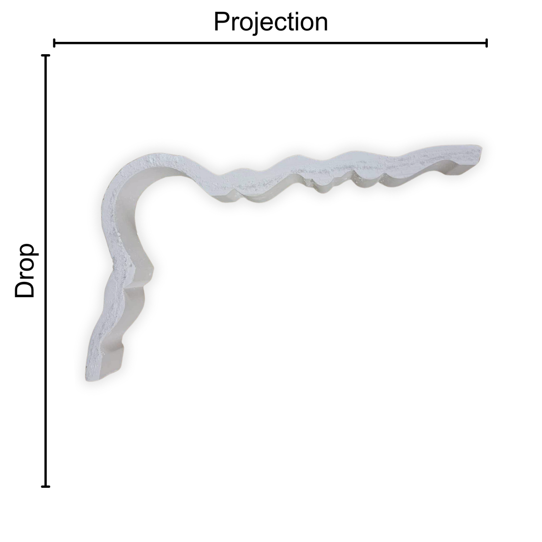 Technical diagram showing coving projection and drop: projection 210mm, drop 120mm