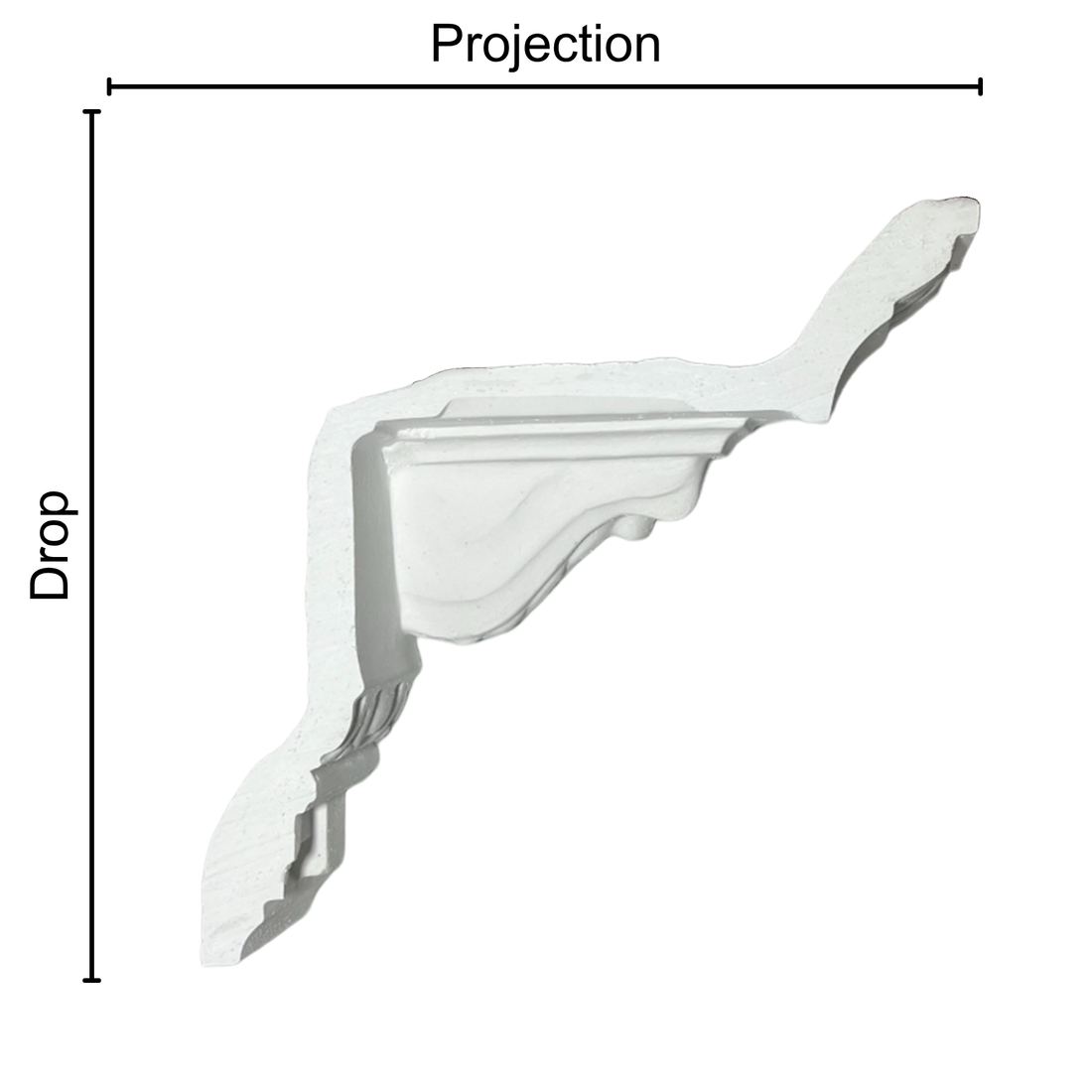 Technical diagram showing coving projection and drop: projection 180mm, drop 170mm