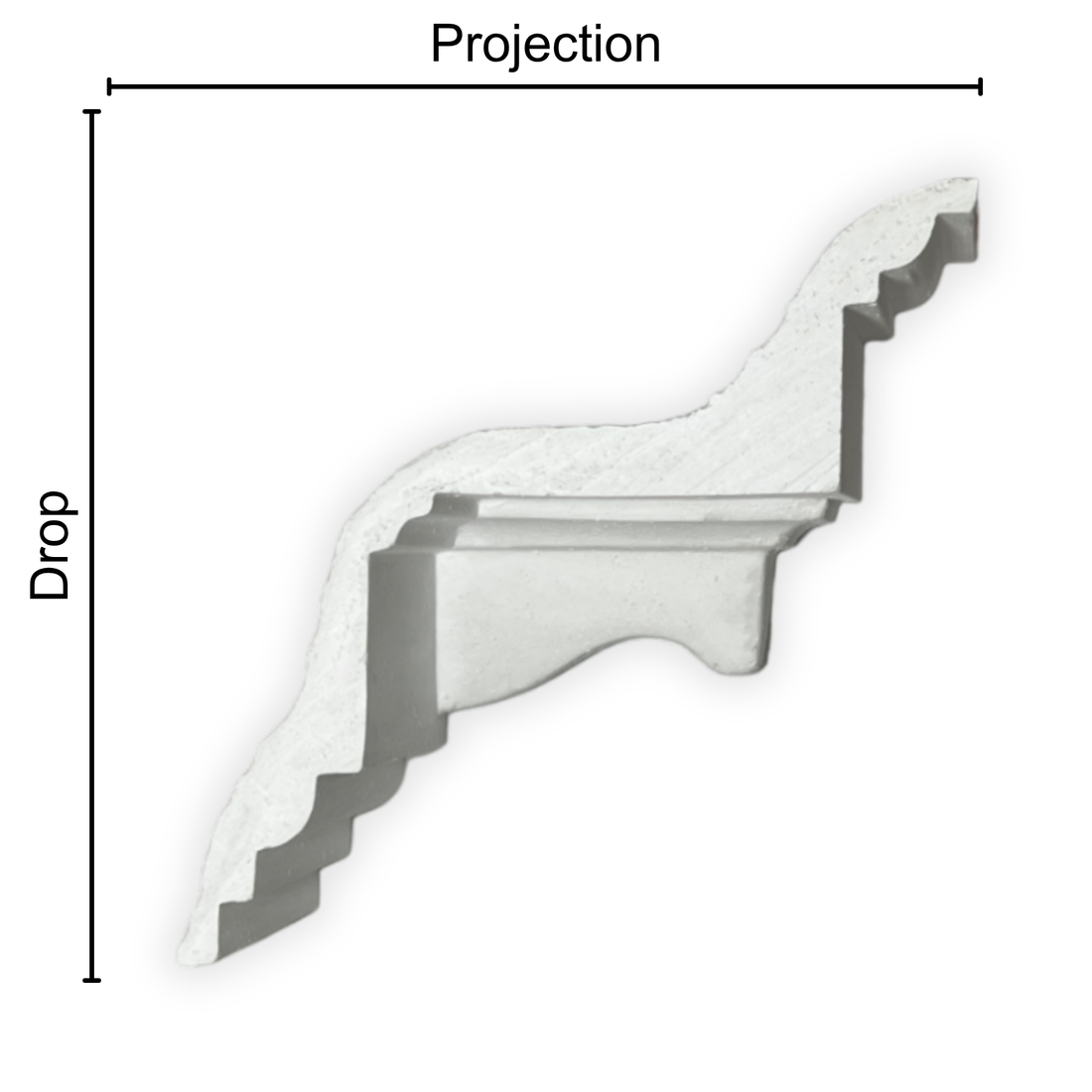 Technical diagram showing coving projection and drop: projection 125mm, drop 130mm