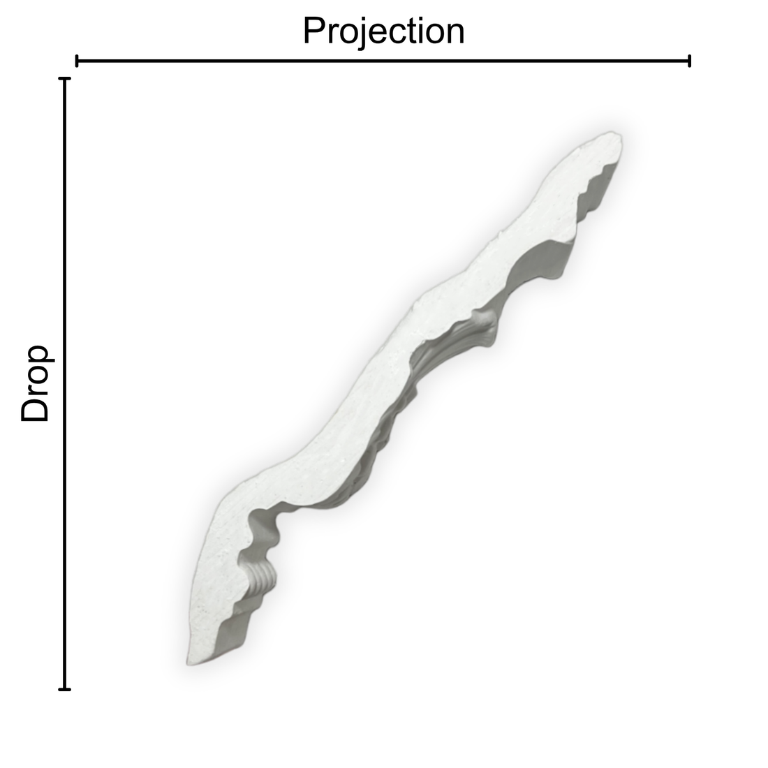 Technical diagram showing coving projection and drop: projection 125mm, drop 165mm