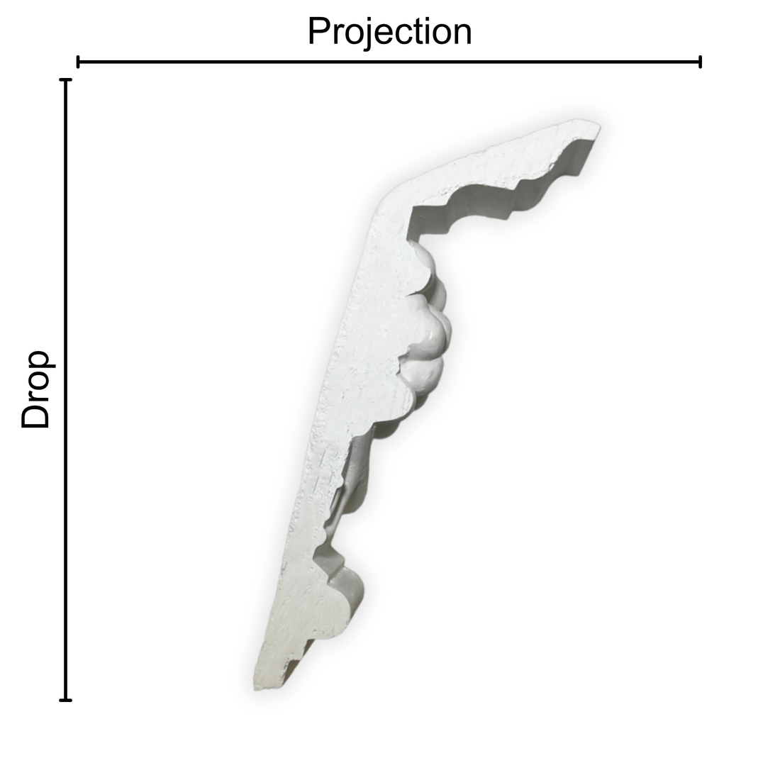 Technical diagram showing coving projection and drop: projection 70mm, drop 220mm