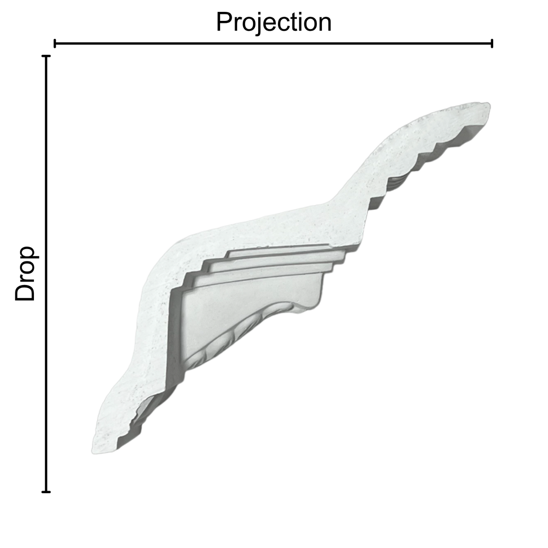 Technical diagram showing coving projection and drop: projection 145mm, drop 120mm